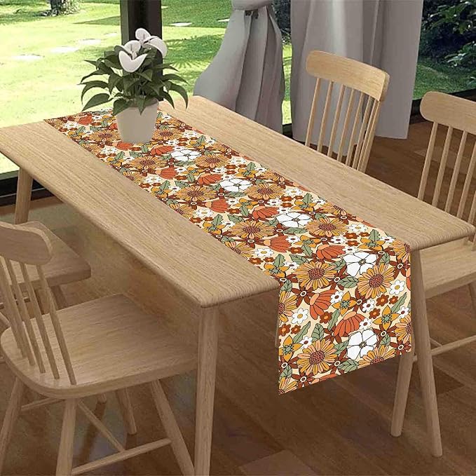 70s Floral Table Runner, Retro Groovy Hippie Oange Floral Funky Daisy Trippy - Image 2