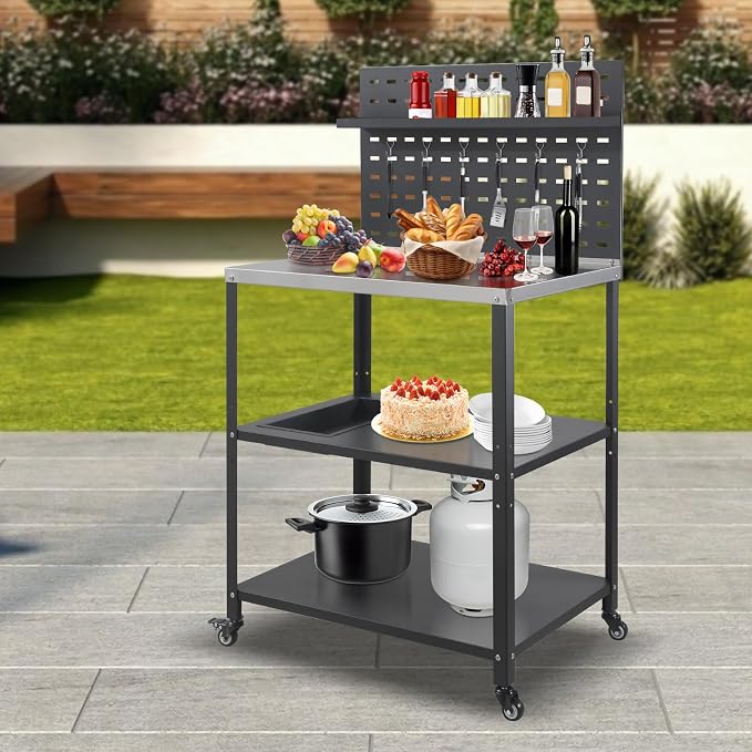 Three-Tier Grill Cart with Hanging Plate, Grill Table with 2 Locking Casters - Image 2