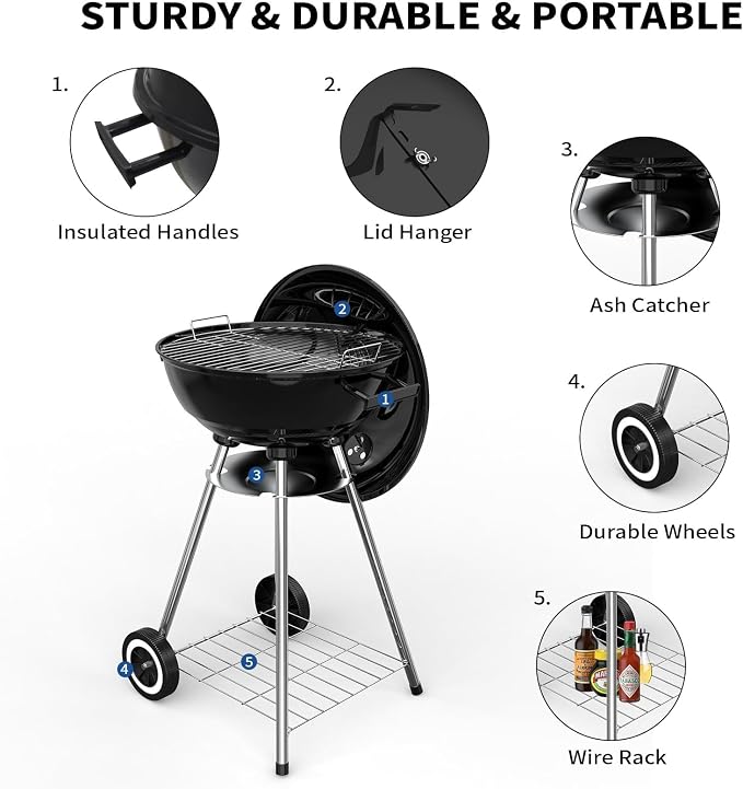18 Inch Portable Charcoal Grill, Heavy Duty Kettle BBQ Smoker - Image 4