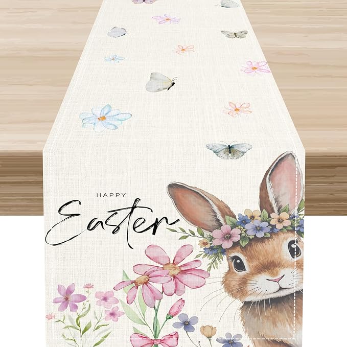 Easter Table Runner, Boho Floral Bunny Rabbit Butterflies Pink Blue Spring by Unknown