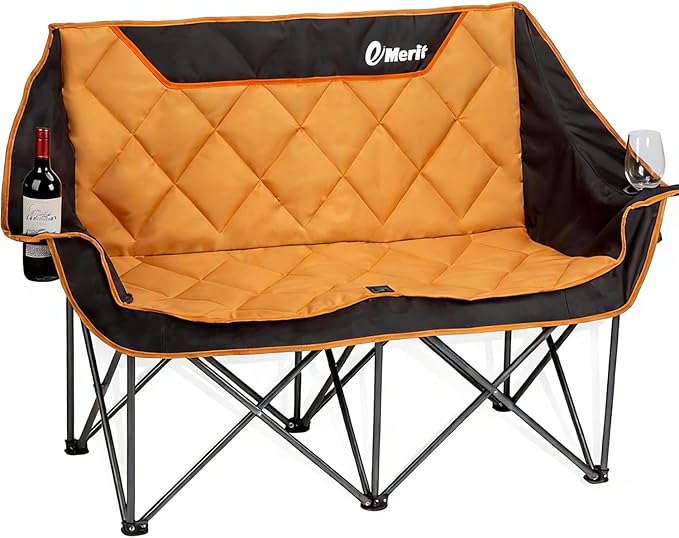 Folding Loveseat Camp Chair, Orange, 2-Seat, 650 lb Limit