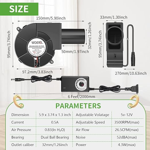 97mm x 33mm BBQ Blower Fan 12V - Image 2