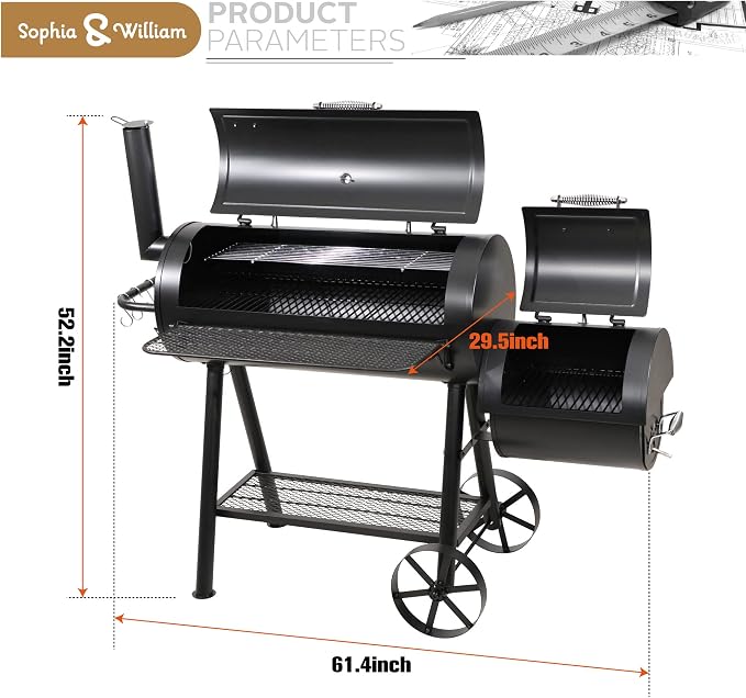 Sophia & William Heavy-Duty Charcoal Outdoor Smoker Grills, Extra Large Offset - Image 7