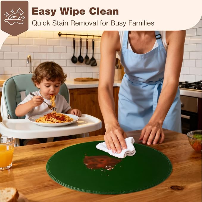 Round Vinyl Green Placemats Set of 6, Faux Leather Waterproof Wipeable Heat - Image 3