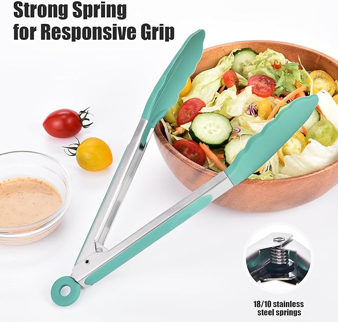 Stainless Steel Locking Kitchen Tongs with Silicone Tips, Aqua Sky