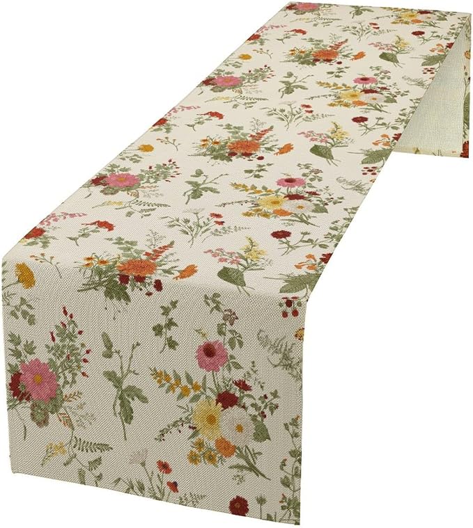 Vintage Flower Table Runner, Rustic Farmhouse Retro Garden Botanical Plants by JanJCurt
