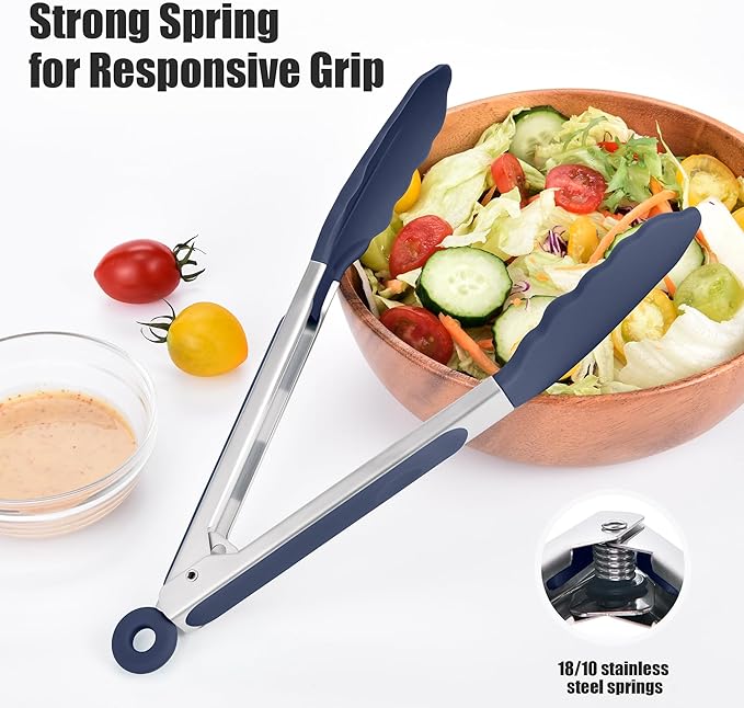 Locking Stainless Steel Tongs with Silicone Tips, Navy Blue