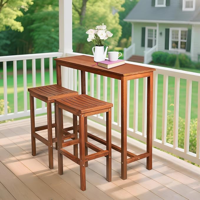 VINGLI 3-Piece Fir Wood Outdoor Bar Table and Chairs Set, Outdoor Bar Height - Image 6