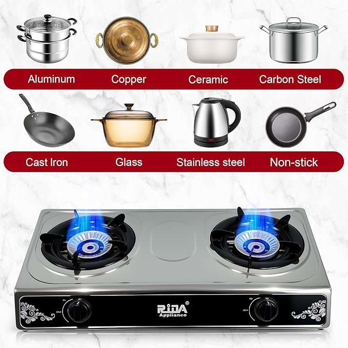 2 Burner Propane Gas Stove, Portable Stainless Steel Camping Stove - Image 3