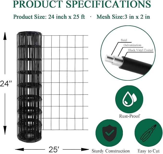 Black PVC Coated Welded Wire Fence 24 Inch x 25 Foot, 2 Inch x 3 Inch 16GA - Image 3