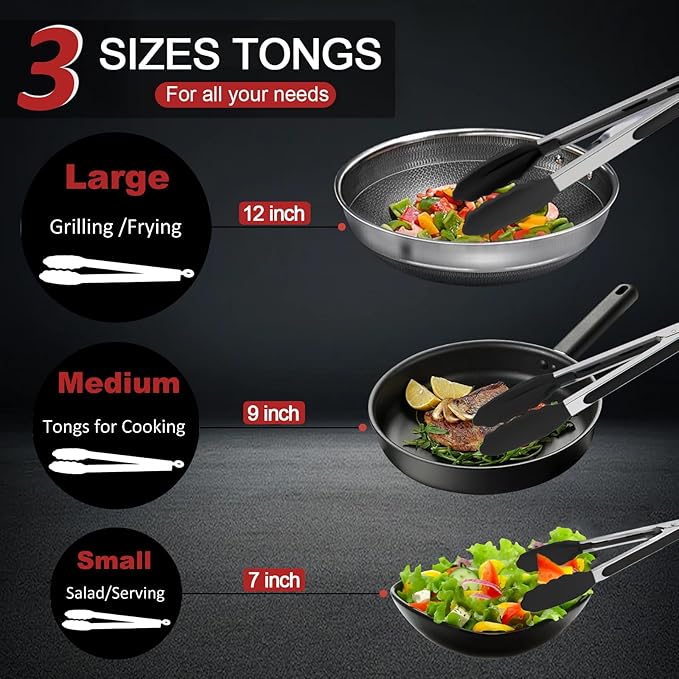 Silicone Cooking Tongs Set of 9 in 7, 9 and 12 Inch Sizes