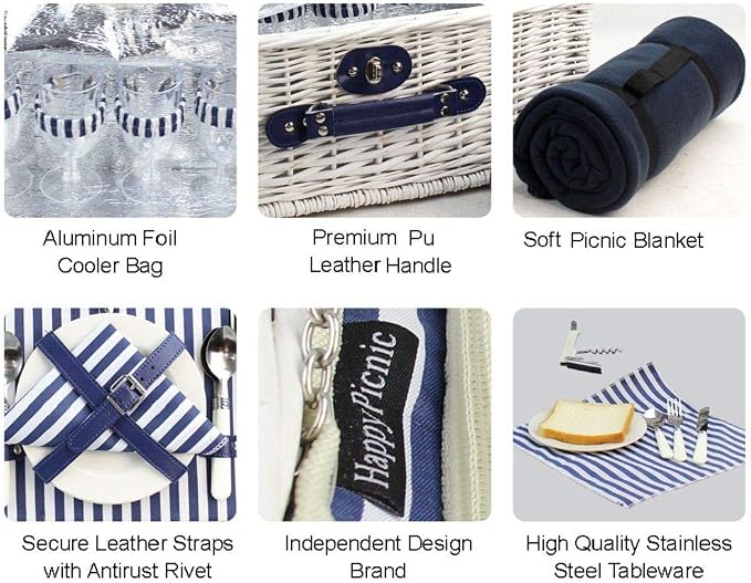 Picnic Basket Willow for 4 Persons, Large Wicker Hamper Set - Image 7