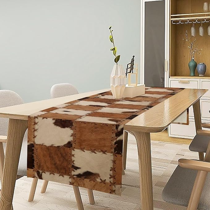 Cowhide Animal Table Runner, Vintage Western Cowboy Patchwork Fur Table Runner - Image 3