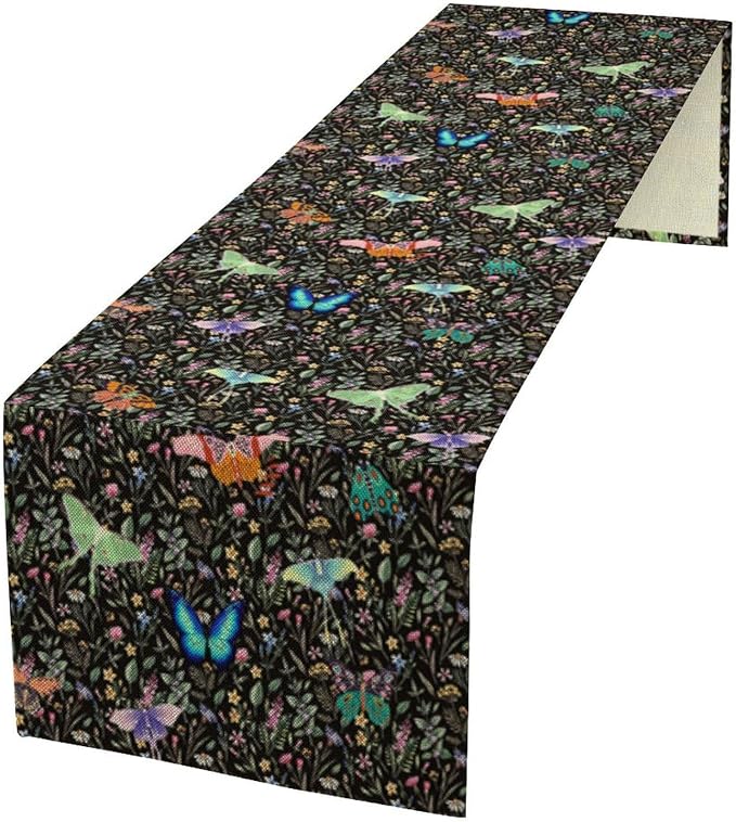 Boho Wildflower Moth Table Runner, Bohemian Floral Colorful Butterfly Print by Unknown