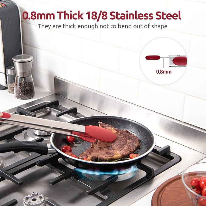 Tongs with Silicone Tips, 16-Inch Locking Design, Red