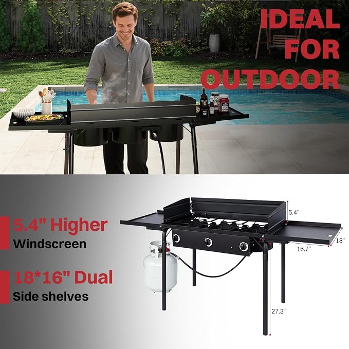 3 Burner Propane Camp Stove | 225, 000 BTU Gas Burners | Side Shelves | - Image 7