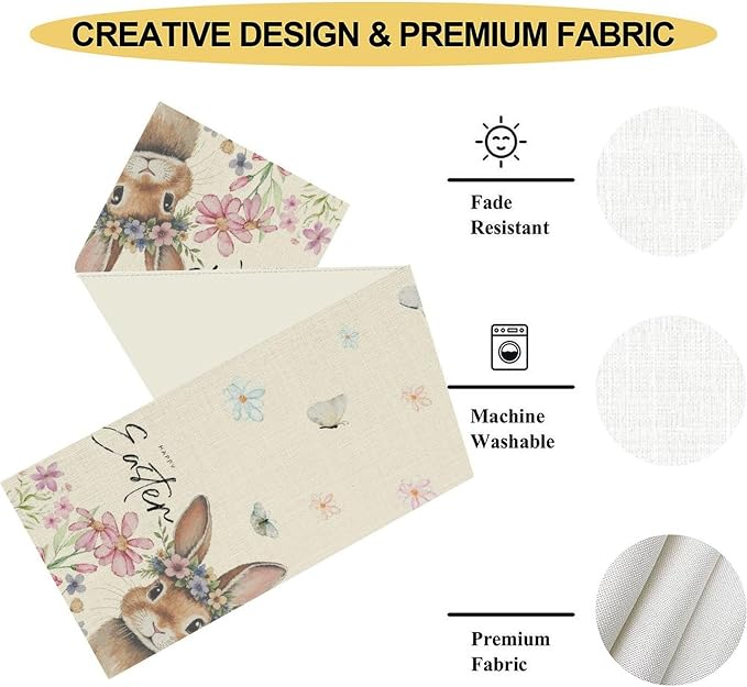 Easter Table Runner, Boho Floral Bunny Rabbit Butterflies Pink Blue Spring - Image 5
