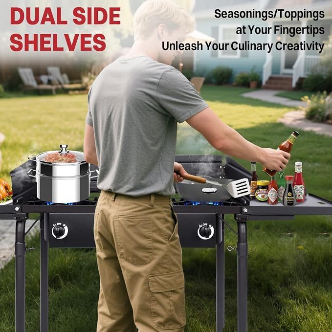 3 Burner Propane Camp Stove | 225, 000 BTU Gas Burners | Side Shelves | - Image 4