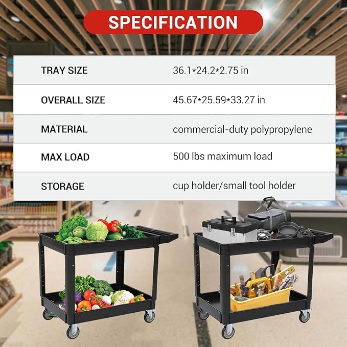 Utility Service Cart with Wheels and Two Trays, Service Cart 2-Shelf 500lbs - Image 6