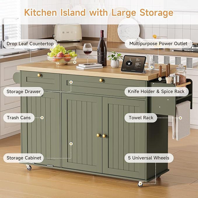60" Kitchen Island with Power Outlet & Drop Leaf, Kitchen Rolling Island with - Image 3