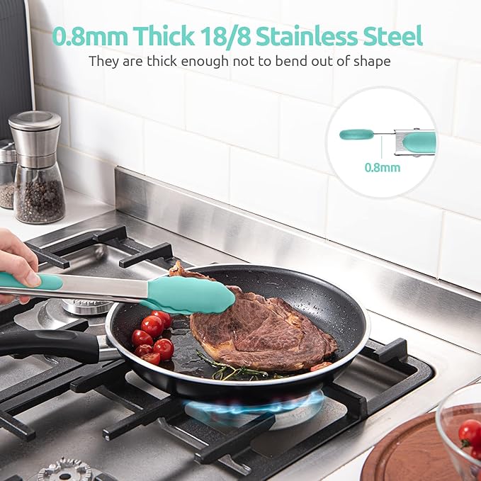 Tongs with Heat-Resistant Silicone Tips, Aqua Sky Stainless Steel