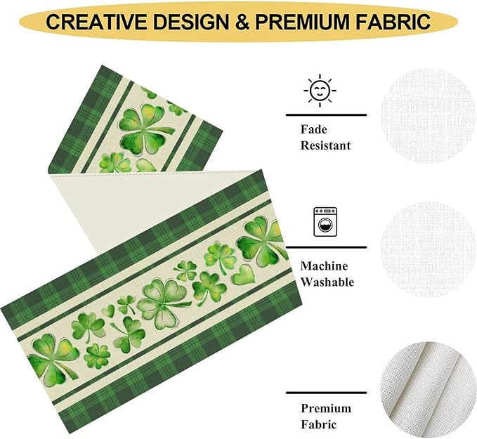 St.Patrick's Day Table Runner, Vinatge Rustic Green Buffalo Plaid White - Image 5