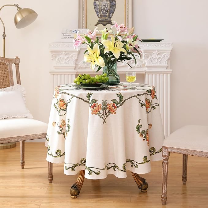 patdrea Designer Vintage Linen Round Tablecloth, French Floral Tablecloths - Image 2