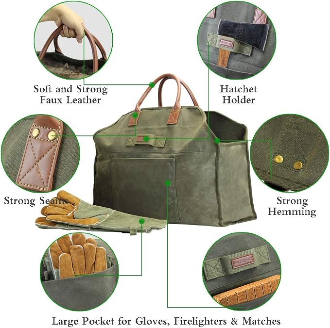 INNO STAGE Firewood Log Carrier Bag Waxed Canvas Tote Holder - Image 5