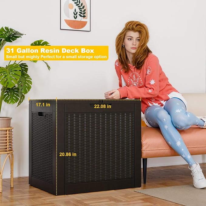 31 Gallon Wicker Pattern Resin Deck Box, Lockable Patio Outdoor Storage Box - Image 3