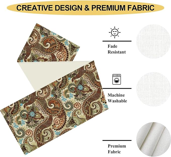 Brown Paisley Table Runner, Rustic Damask Antique Floral Flower Retro Boho - Image 5