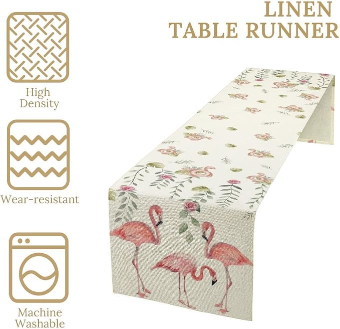 Flamingo Table Runner, Rustic Boho Grey Leaf Pink Rose Floral Tropical Bird - Image 4