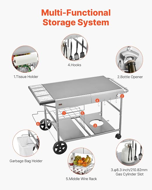 VEVOR Outdoor Grill Cart, 36.4 x 23.4 x 1 inch Tabletop Size Grilling Table - Image 6