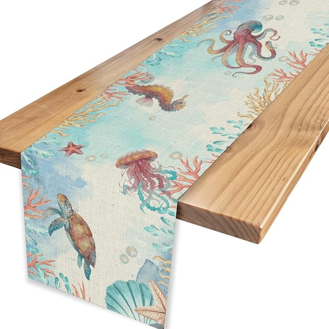 Blue Coastal Table Runner, Nautical Starfish Turtle Seashell Coral Shell Beach - Image 4