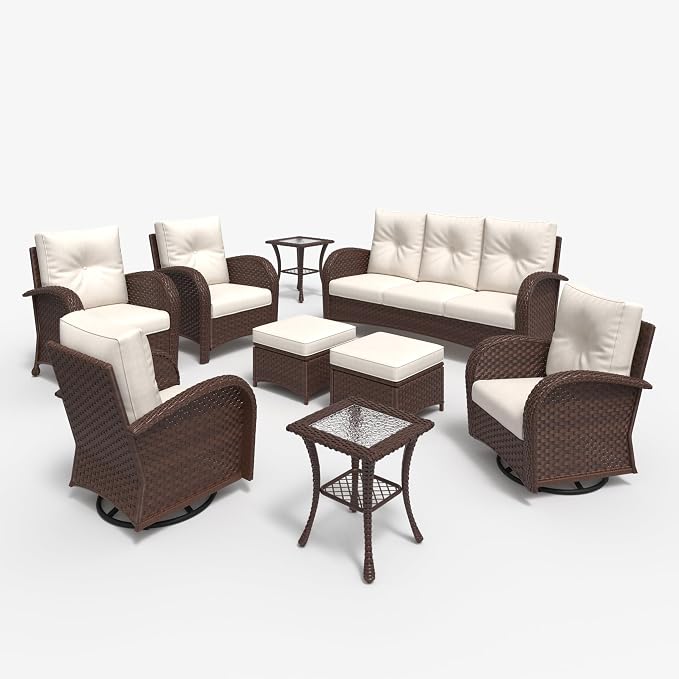 LayinSun 9 Pieces Outdoor Patio Furniture Set, Rattan Wicker Sectional Swivel - Image 2