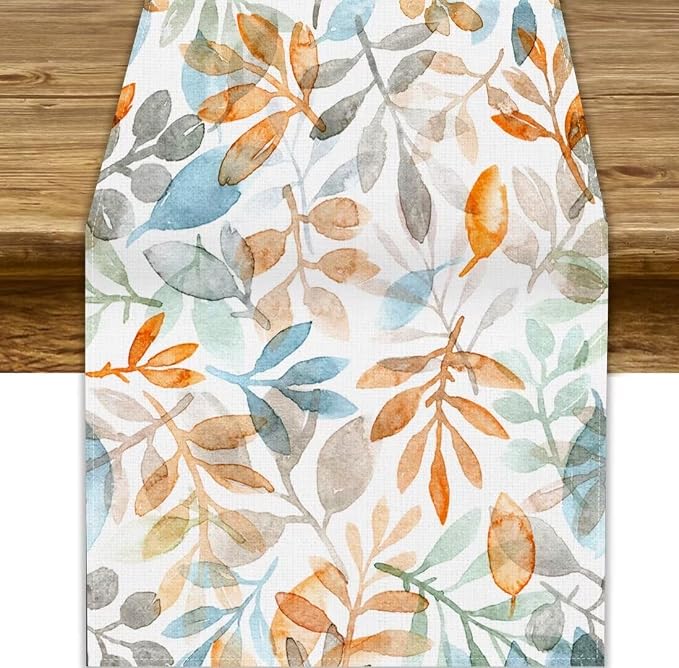 Fall Eucalyptus Leaf Table Runner, Autumn Orange Blue Leaves Harvest by JanJCurt