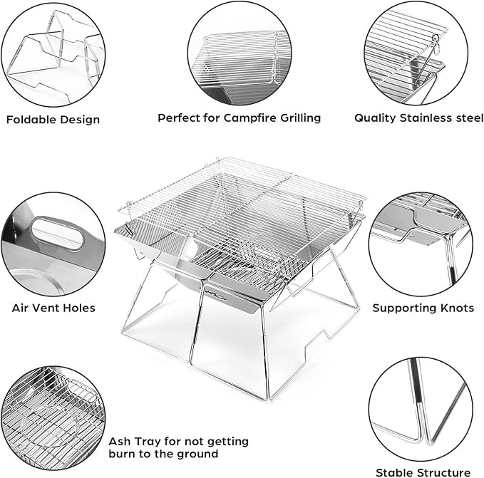 Odoland Folding Campfire Grill, 304 Stainless Steel Grate Barbeque Grill - Image 4