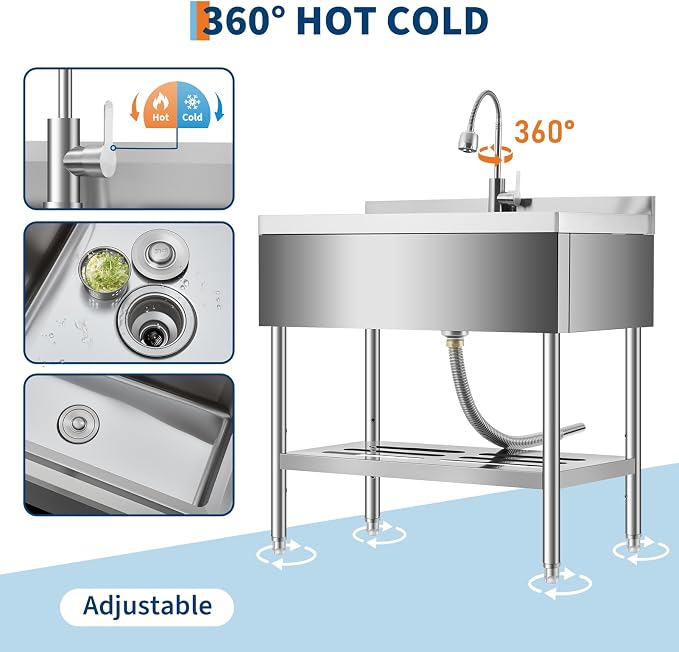 Stainless Steel Utility Sink, 35 Inch Freestanding Commercial Sink, Adjustable - Image 5
