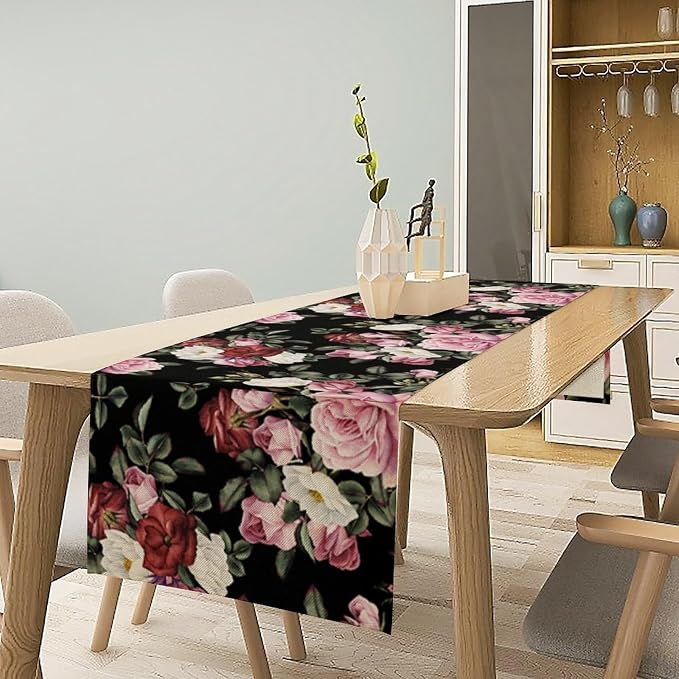 Gothic Floral Table Runner, Vintage Pink Red Rose Flower Print Table Runner - Image 3