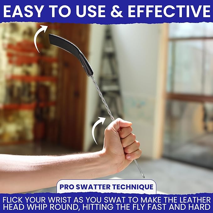 2 Leather Fly Swatter for Indoors. Long Handle, Heavy Duty Fly Swatter Manual - Image 5