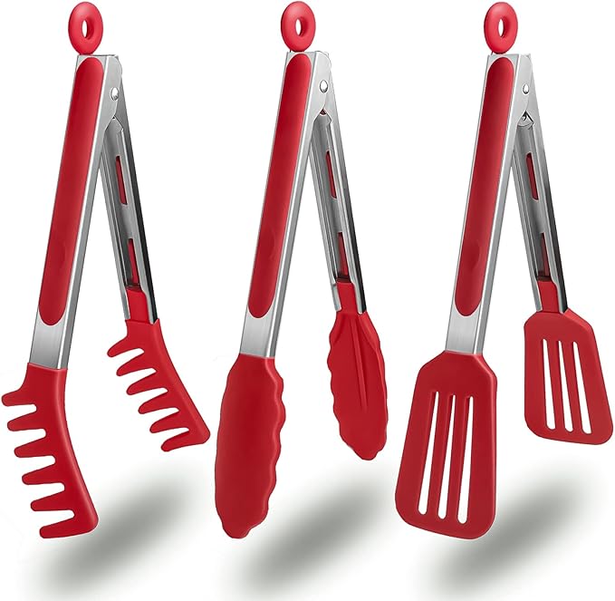 Tongs 3-Piece Set, 9-Inch Locking Stainless Steel Kitchen Tongs in Red