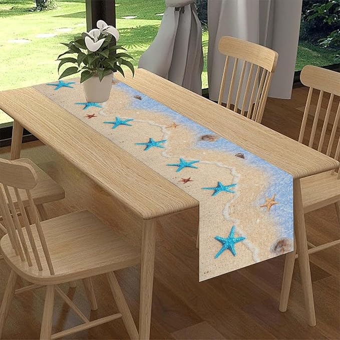 Summer Beach Table Runner, Nautical Starfish Coastal Seashell Ocean Blue Sea - Image 2