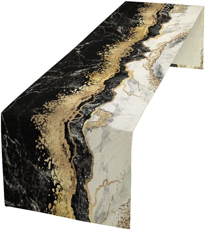 Marble Table Runner, Ink Golden Marble Texture Table Runner by Unknown