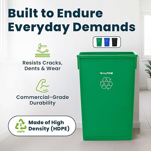 Alpine 23 Gallon Slim Recycling & Trash Bin Set – 3-Pack Blue/Black/Green - Image 7