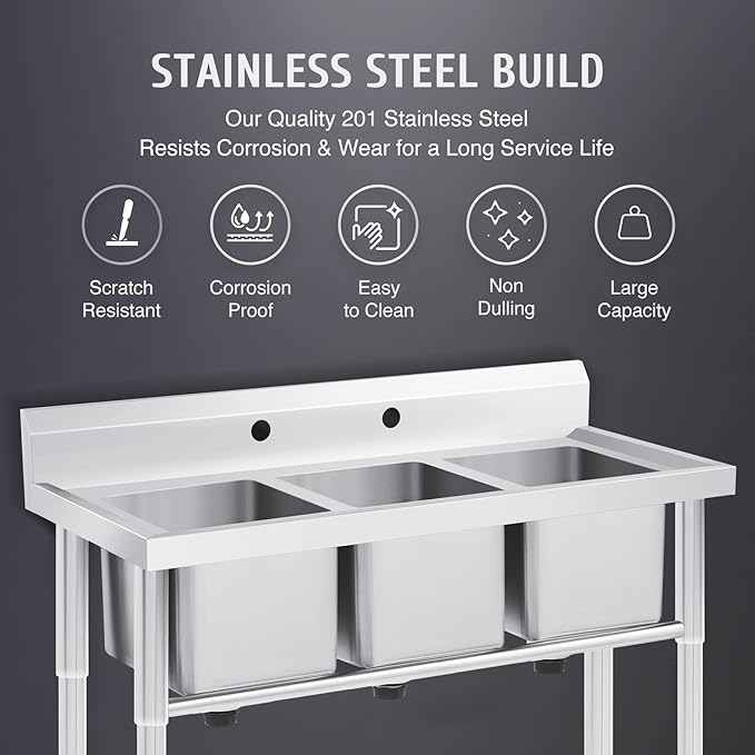 WILPREP NSF Stainless Steel 3 Compartment Commercial Sink 11x10x10 Inch Basins - Image 3