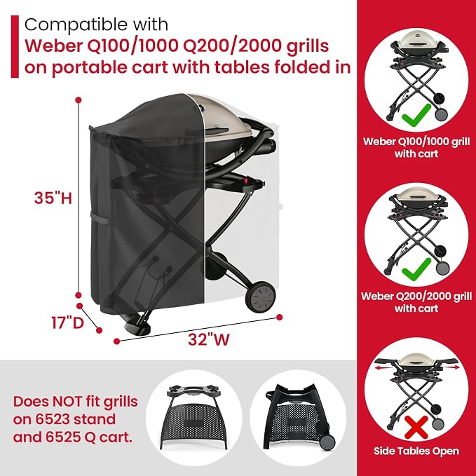 Unicook Grill Cover for Weber Q100/1000 Q200/2000 Series Grills on Portable Cart - Image 2