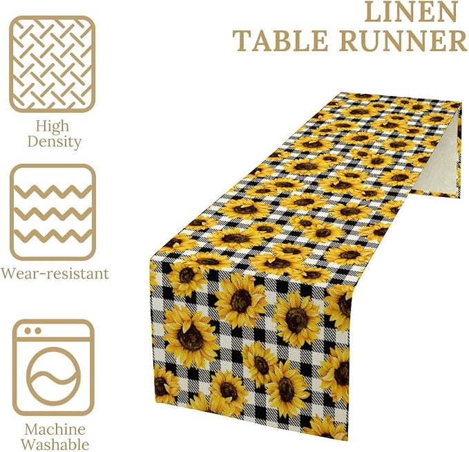 Summer Sunflower Table Runner, Sunshine Seasonal Buffalo Plaid Table Runner - Image 6