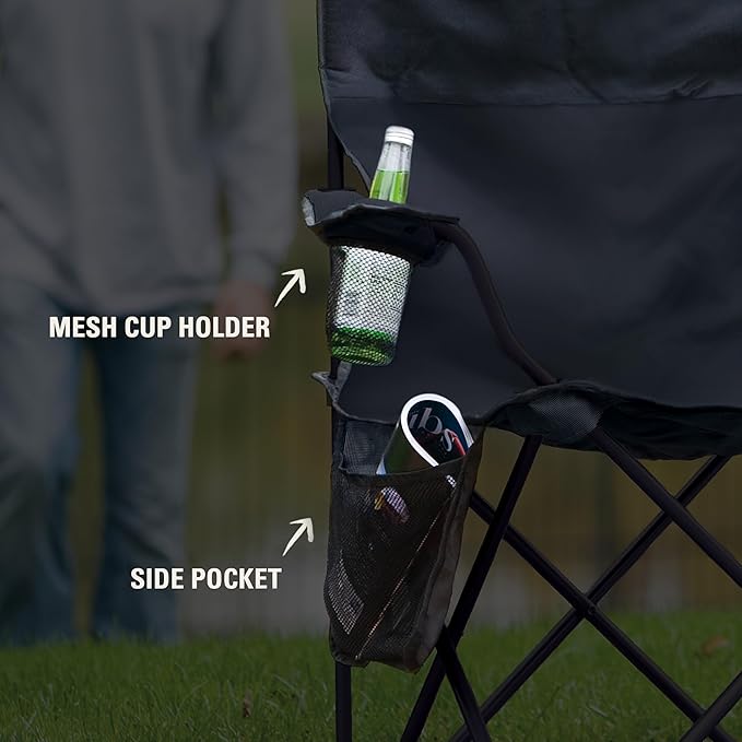 Camping Chair with 4-Can Cooler, Mesh Cup Holder and Black Finish