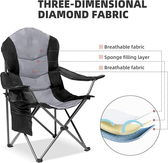 Folding Camping Chairs 2-Pack, Black and Gray, 400 lb Capacity