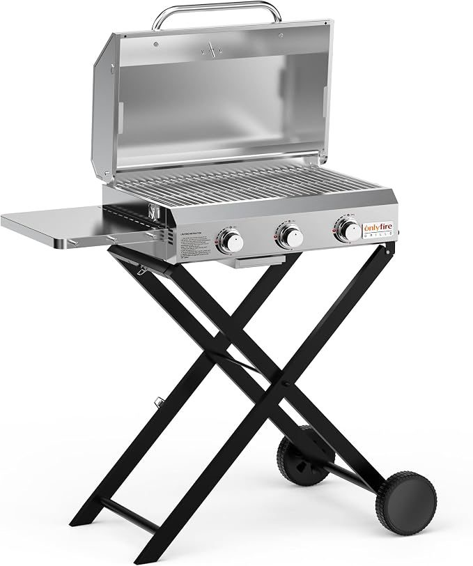 BBQ Gas Grill 3-Burner with Foldable Cart & Side Table, Portable Propane Grill - Image 2