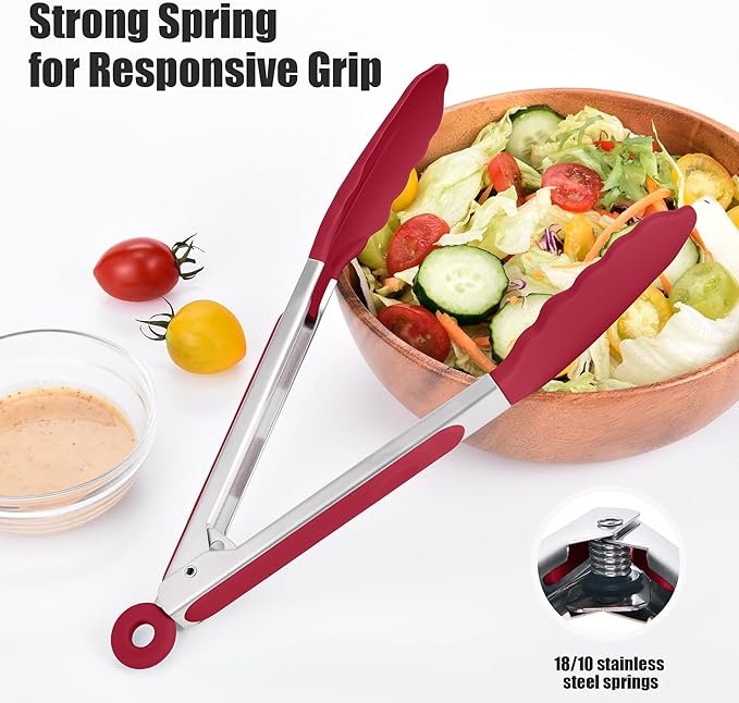 Tongs with Silicone Tips, Red 18/8 Stainless Steel, Heat Resistant to 600°F